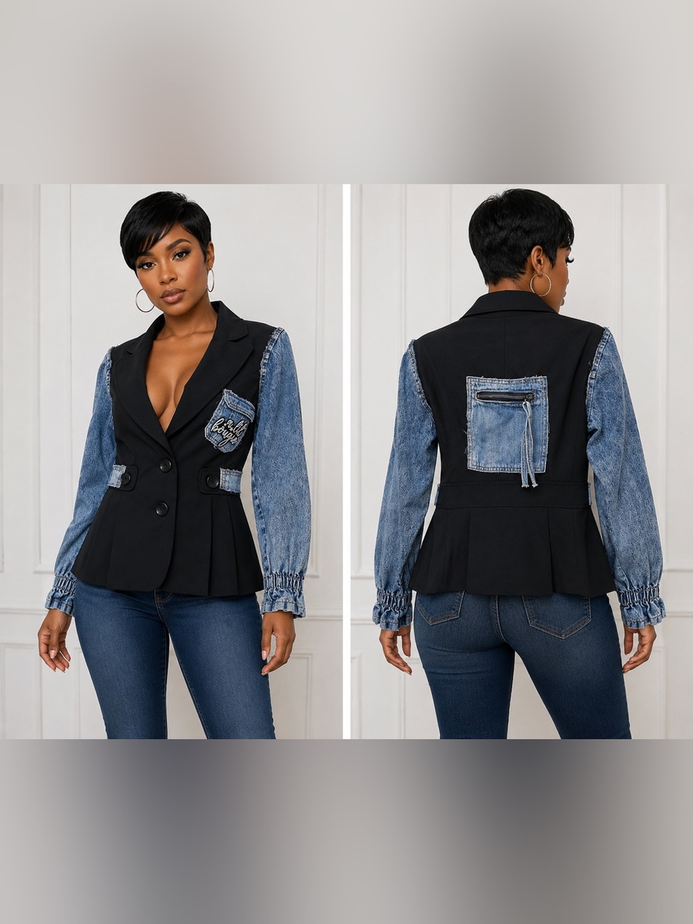 Upcycled Two-Tone mix Denim Sleeve Peplum look Blazer size S